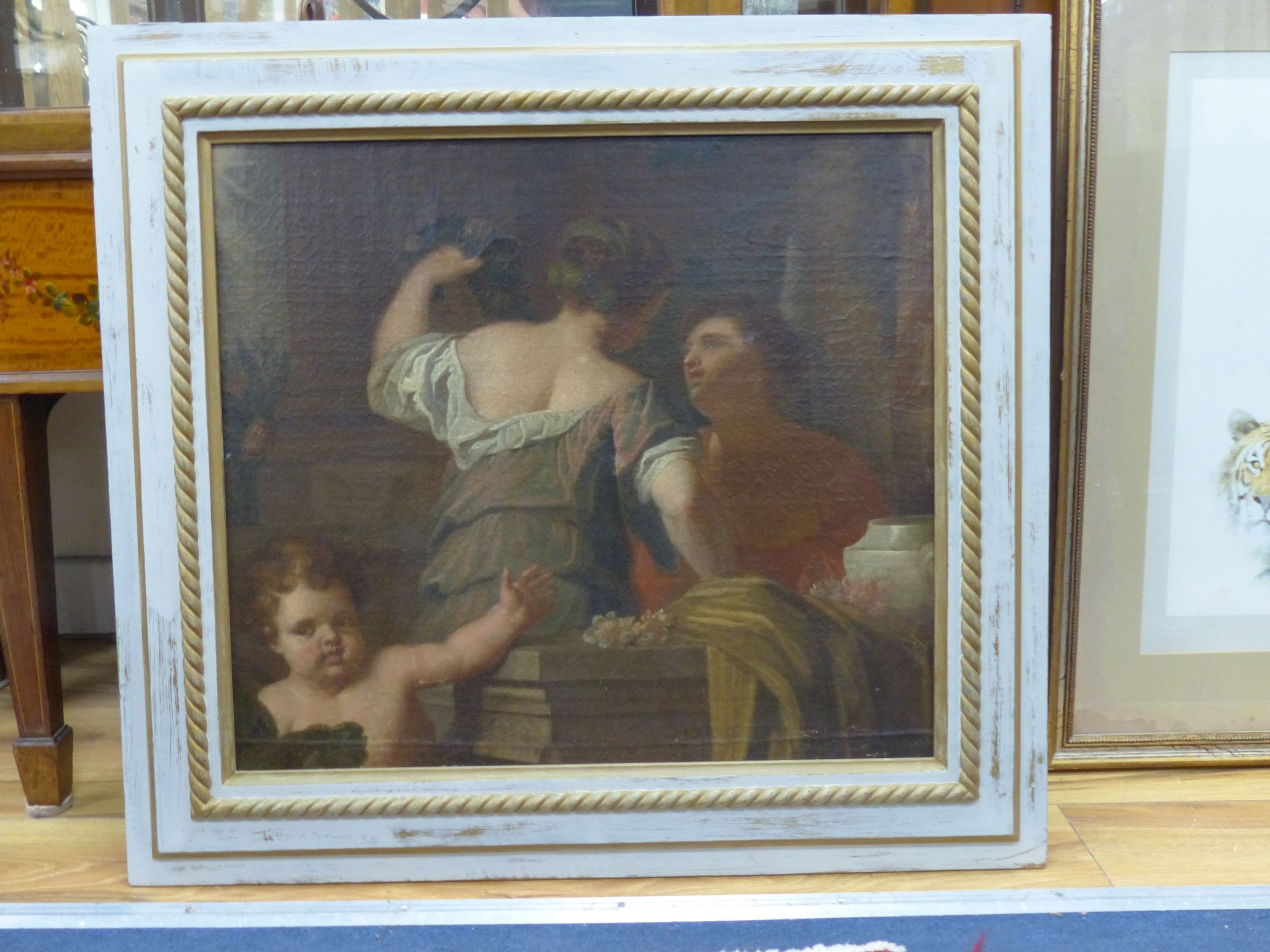 Attributed to Matthus Termesten, Two ladies with flowers and a putto, Oil on canvas, 49 x 55cm.